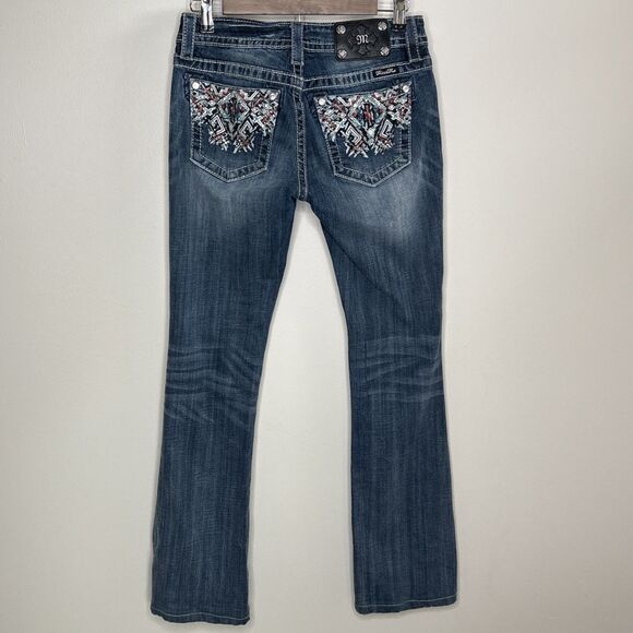 Miss Me Jeans Mid Rise Boot Embellished Pockets Southwest Distressed 27/34 - Picture 1 of 13